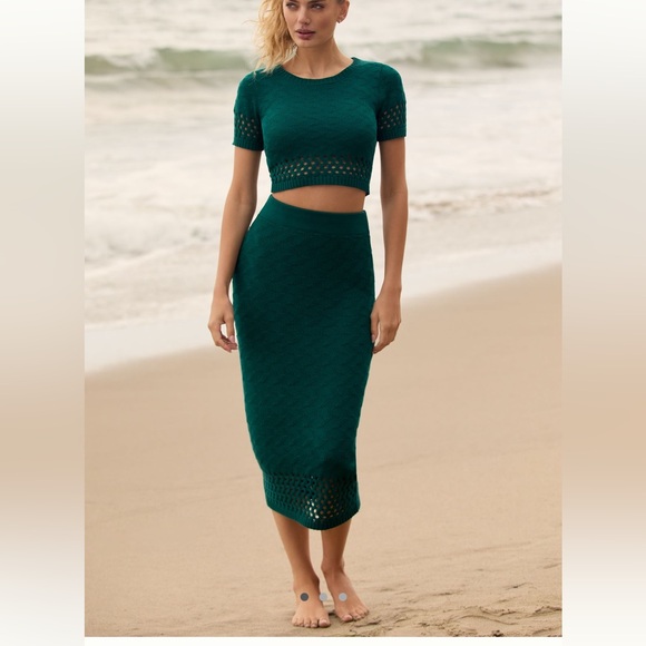 NWT Anthropologie Peixoto Leni Knit Midi Skirt Dark Turquoise Sz Large - Picture 1 of 15